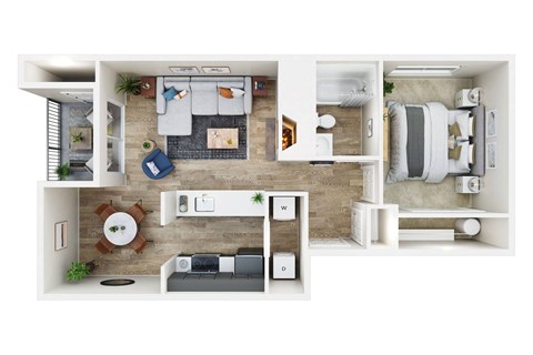 Floor plan for 1 bed, 1 bath, 665 sqft